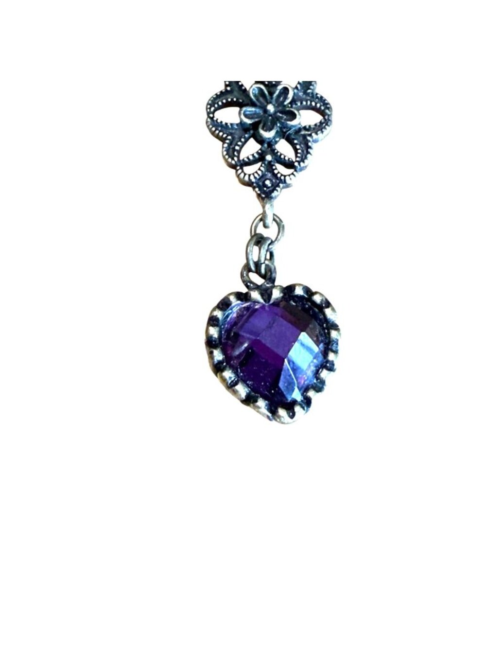 Vintage Dangle Heart Earrings Purple Crystal Floral Filigree Design Bronze Tone - Picture 2 of 5